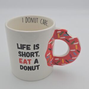 American Atelier Donut Coffee Mug 3D Donut Handle "Life Is Short Eat a Donut"